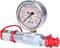 'Pressure gauge with scale in psi and bar, mounted on a metal pipe with two red caps, brand KS Tools.'