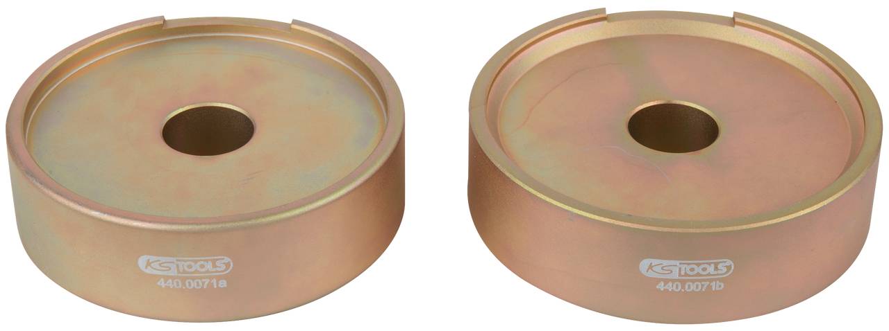 Two metallic tool adapters with a golden surface, placed side by side, with the engraving 'KS Tools 440.0071B'.