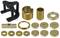 A set of mechanical metal tools, including various gold-coloured adapters and holders. Suitable for industrial applications.
