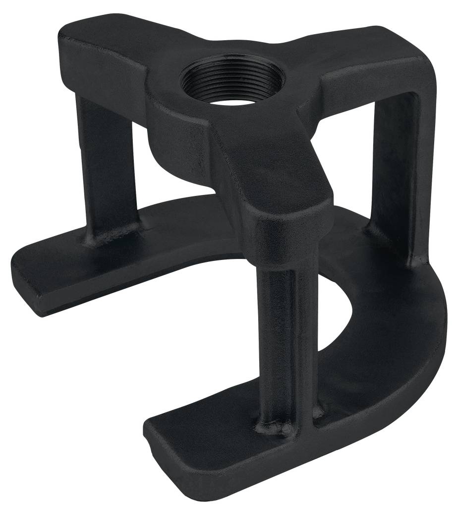 A black, cross-shaped gun foot with threaded mounting for attachment to metal tubes, for stabilising structures.