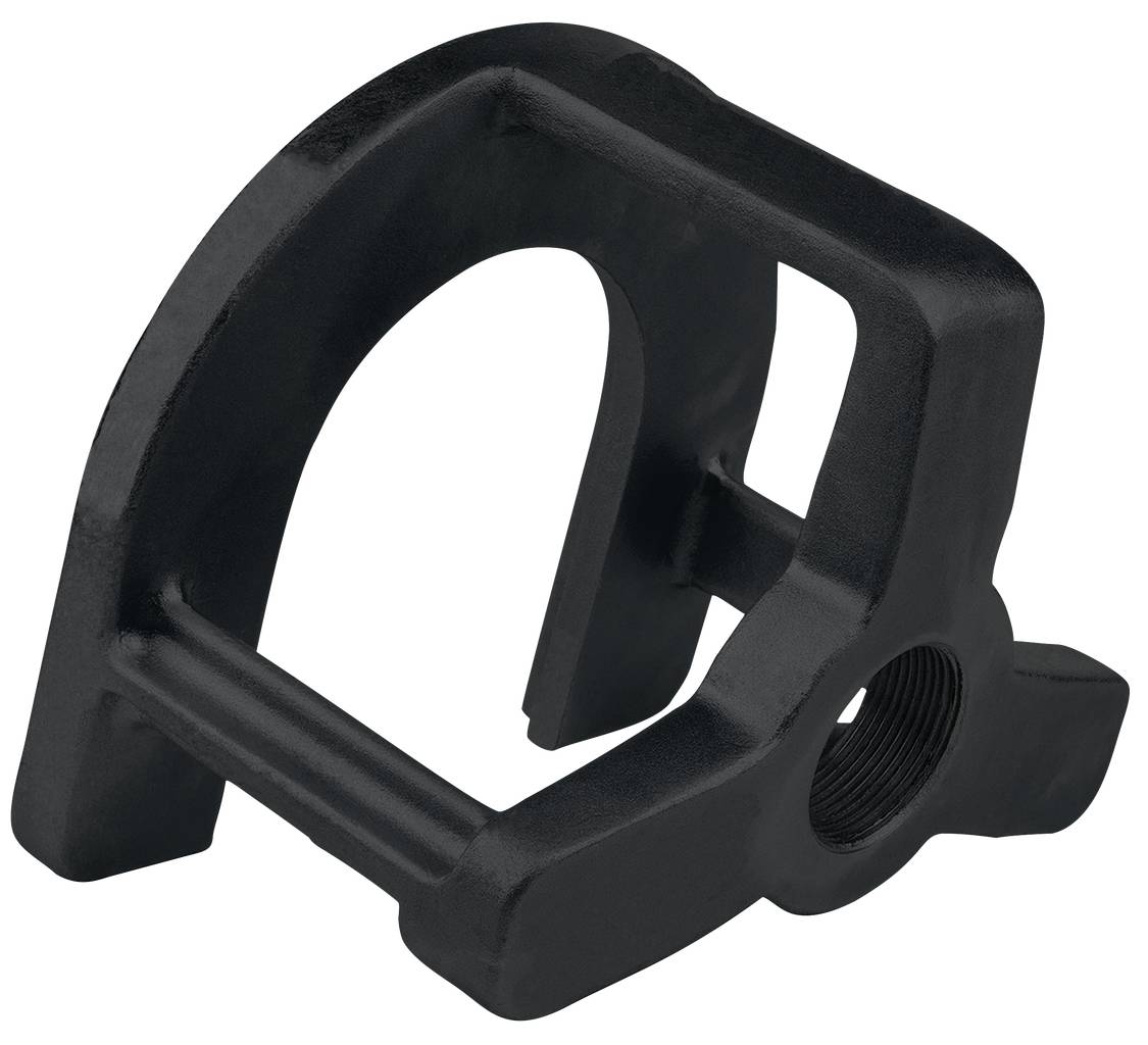 Black, geometric metal clip with an opening and threading; used for fastening or supporting mechanical components.