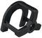 Black, geometric metal clip with an opening and threading; used for fastening or supporting mechanical components.