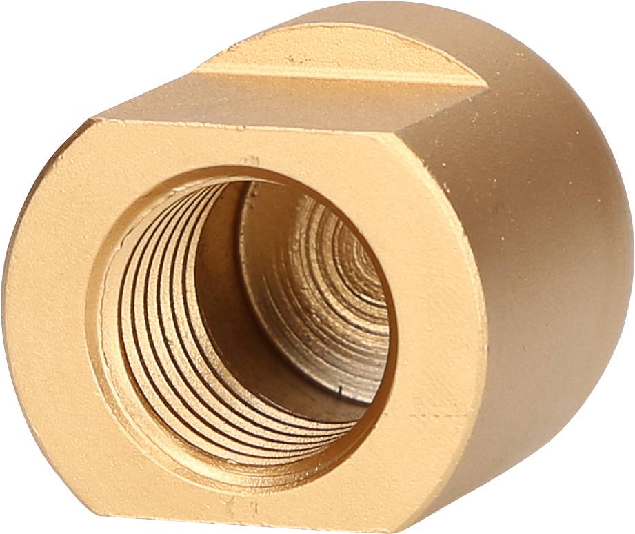 A golden, cylindrical metal sleeve with a circular internal thread, suitable for fastening or connecting elements.
