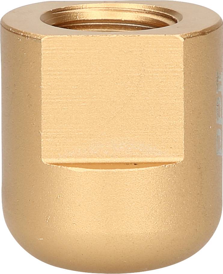 Brass hexagonal-based hat nut with a smooth surface, set against a white background.