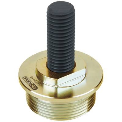 Brass-coloured cylinder with ribbed edge details and black threading, identifiable as an industrial component or adapter.