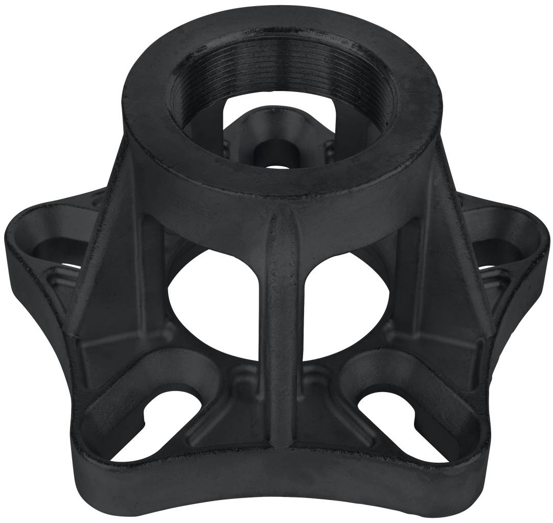 A black, star-shaped plastic holder with a central thread and five openings, likely for mounting technical components.