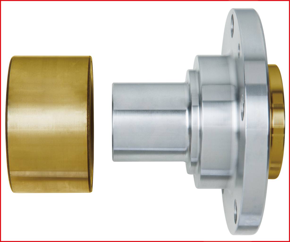 Metal cylinder and bearing housing, aligned for assembly. On the right, a silver flange housing, on the left a golden bush.
