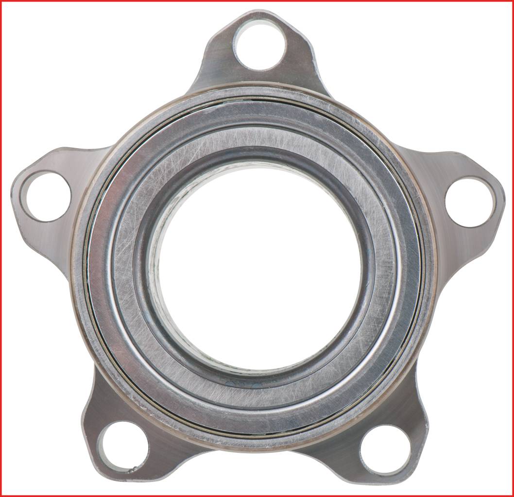 The image depicts a metallic ball bearing with four mounting holes, silver-bright and designed for mechanical applications.