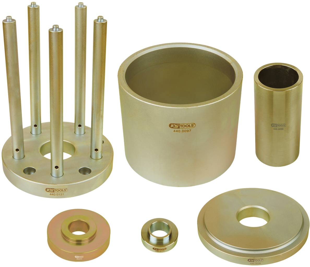 A set of specialist metal tools consisting of cylinders and rings of various sizes, engraved with 'AS Tools'.