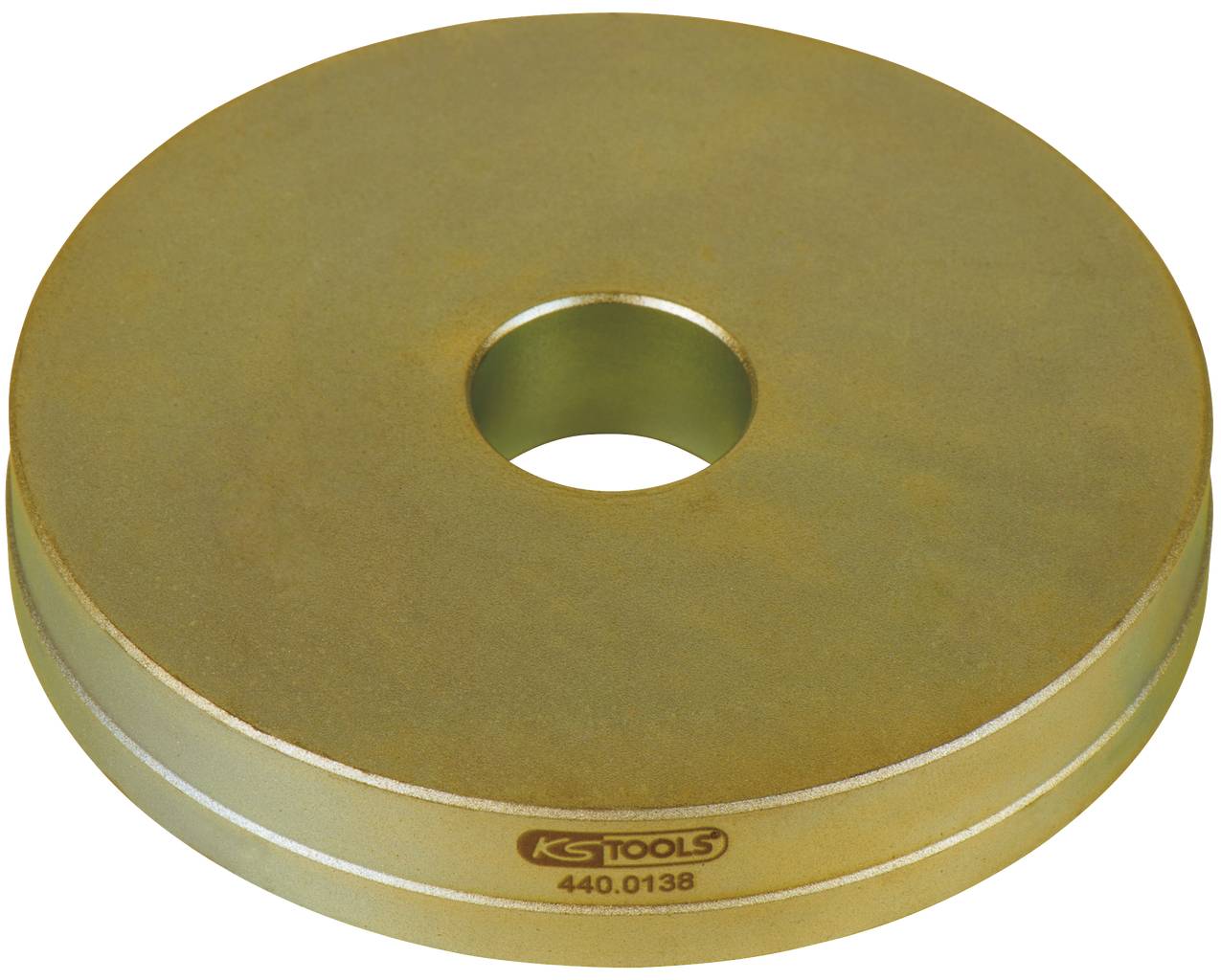Metal disc with a hole in the centre, gold-coloured, with the inscription 'KS TOOLS 440.0138'; likely a tool or machine component.