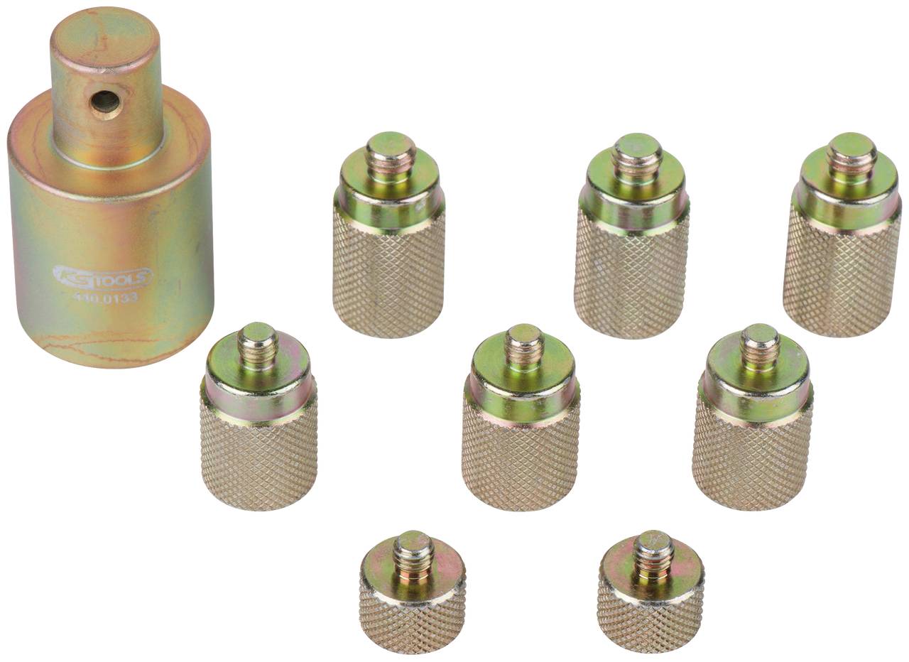 Eight gold-coloured metal adapters in various sizes. On the left, a larger adapter, and on the right, seven smaller adapters on a white background.