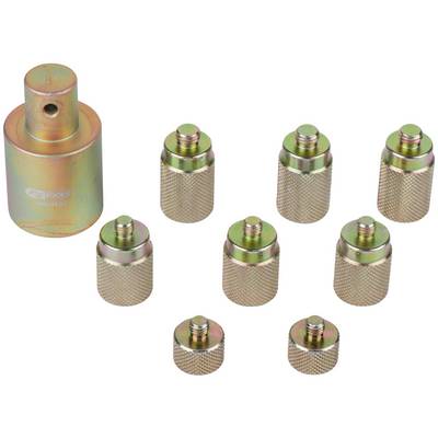 Eight gold-coloured metal adapters in various sizes. On the left, a larger adapter, and on the right, seven smaller adapters on a white background.