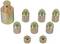 Eight gold-coloured metal adapters in various sizes. On the left, a larger adapter, and on the right, seven smaller adapters on a white background.