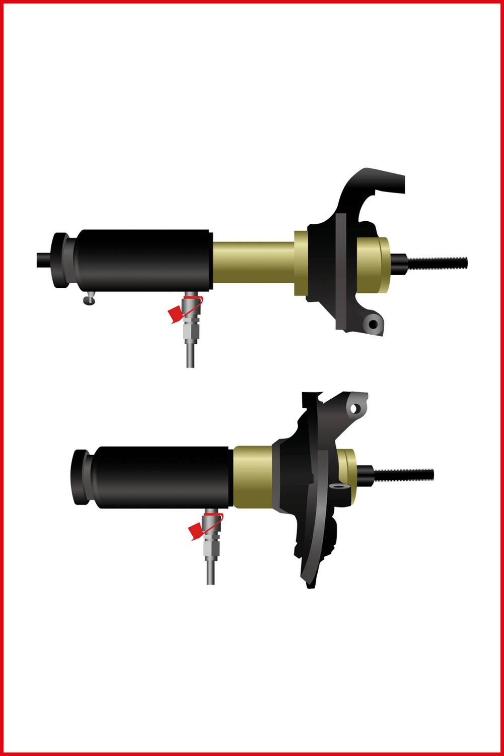 Two technically illustrated shock absorbers in black and gold, shown in vertical orientation with marked red details.