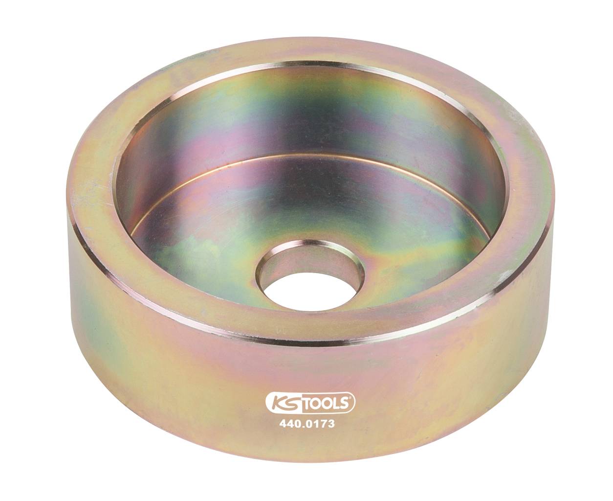 Metal tool, cylindrical with a central hole, rainbow effect, with 'KS TOOLS 440.0173' inscription.