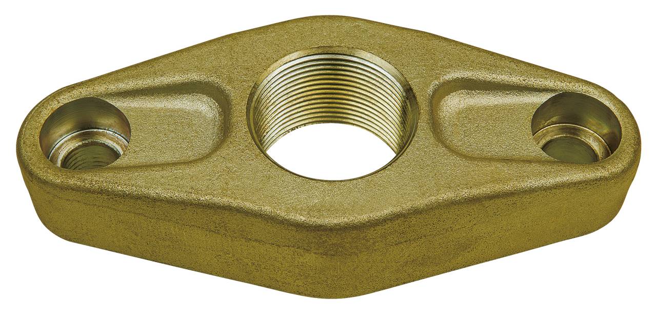 A bronze-coloured, oval metal component with three threaded holes.