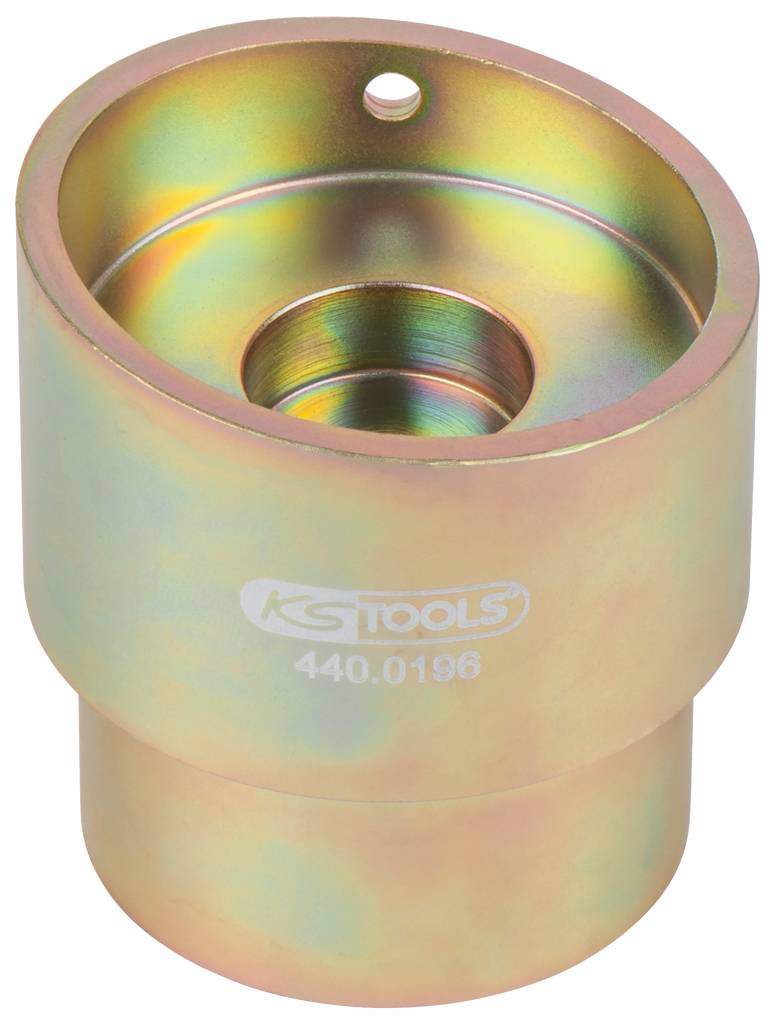 A metallic tool with a cylindrical shape, a hole at the top and inscription 'KS TOOLS 440.0196'.
