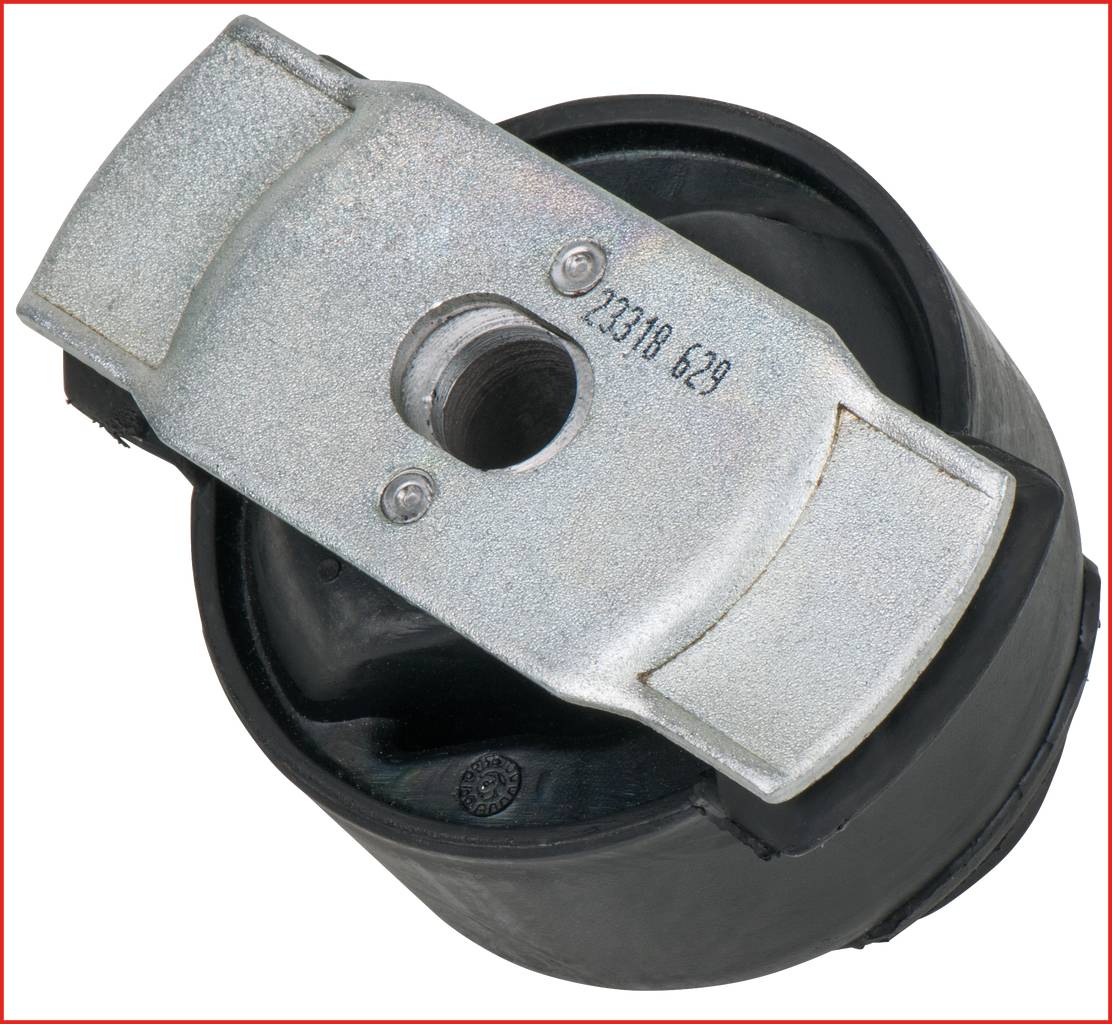 Metallic component with a cylindrical rubber element, central fixing aperture, and numbers printed on the top surface.