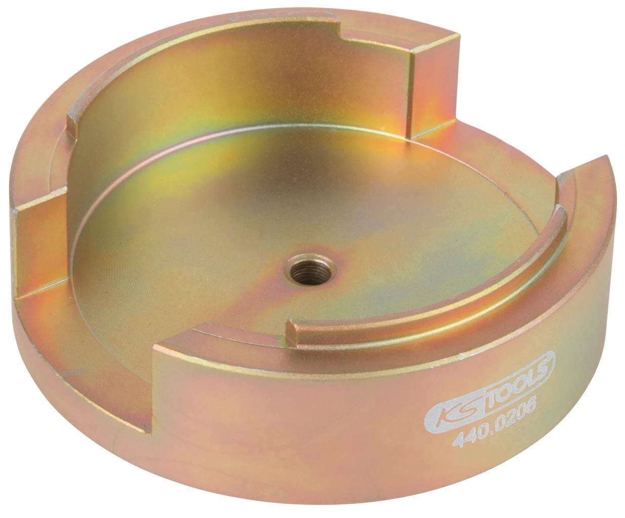 A round, metallic specialised tool attachment with a recess, suitable for fixing or alignment in mechanical applications.