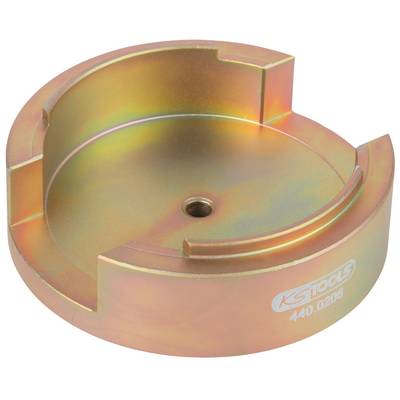 A round, metallic specialised tool attachment with a recess, suitable for fixing or alignment in mechanical applications.