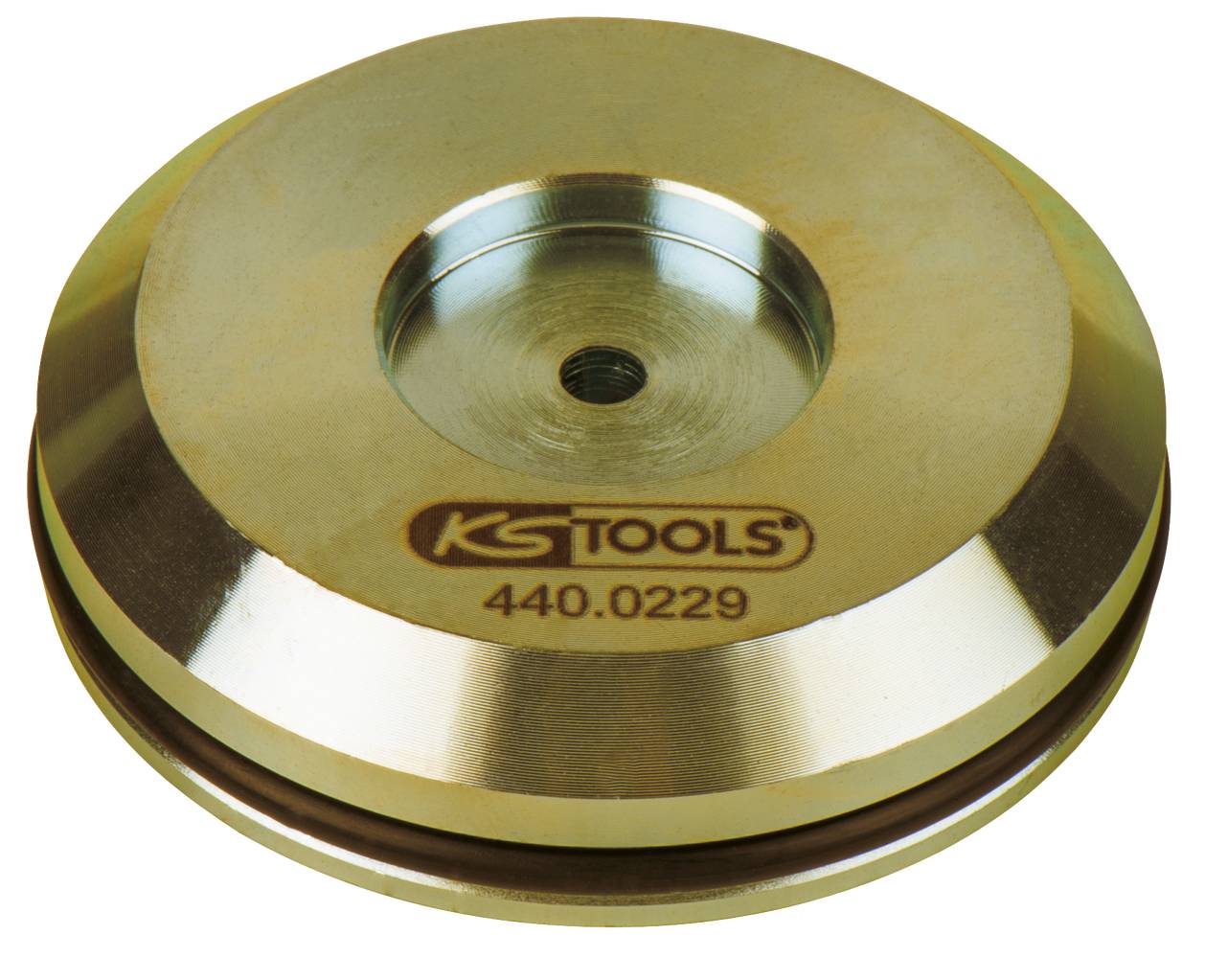 A flat, circular metal adapter with a central hole, engraved with 'KS Tools 440.0229', primarily used for technical purposes.