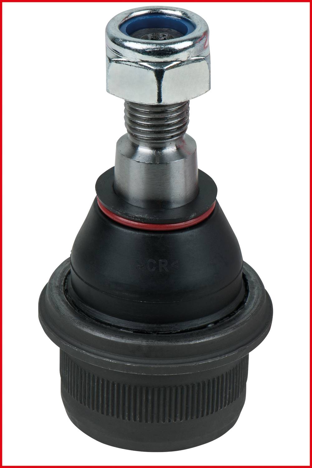 Ball joint with a black rubber housing and silver metal threading, on a white background. A key component of a vehicle suspension system.