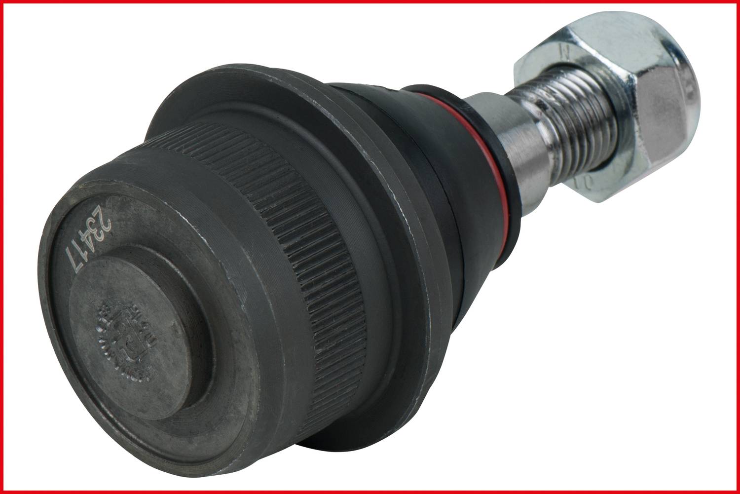 Individual car part: Ball joint against a white background, black and metallic with visible threaded connections and a nut.