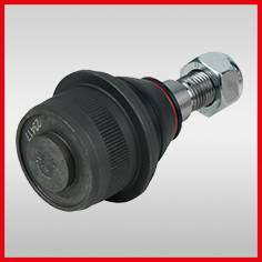 Pictured is a grey ball joint head with threaded bolt and nut, a typical replacement part for vehicle suspensions.