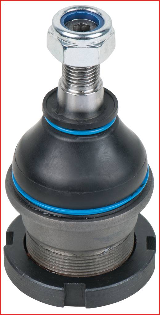 A spherical metal machine component with a black coating and blue seal. A metal pin is located at the top.
