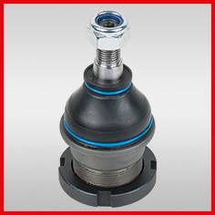 Drawing of a ball joint in metal and rubber with a threaded screw, set against a grey background. Used to connect movable parts.