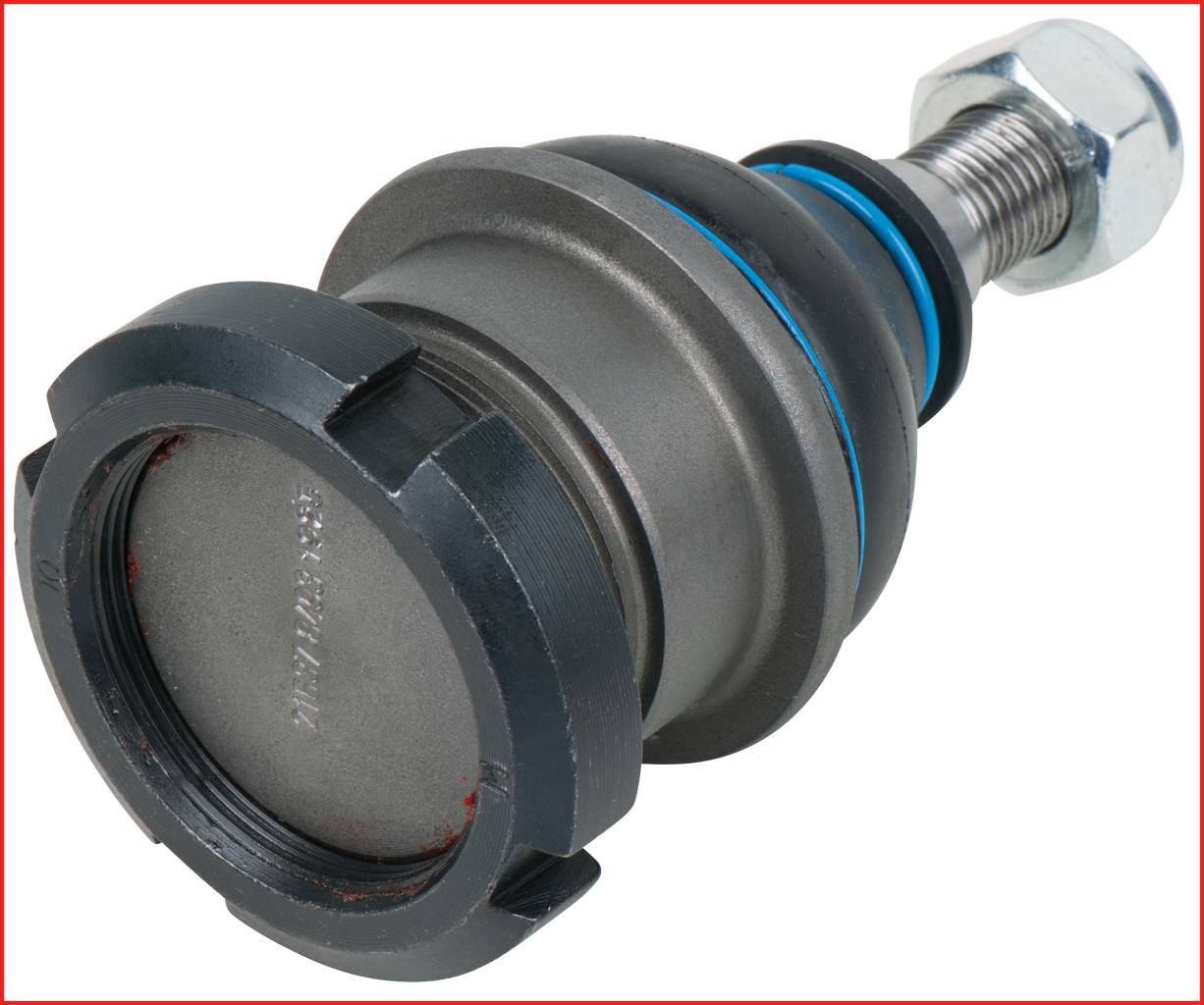 A ball joint for vehicle suspension, consisting of a metal body with a bolt and nut for attachment.