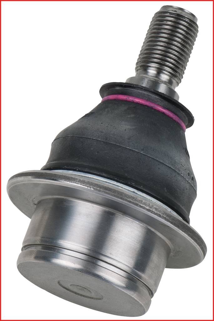 Metal and rubber ball joint with threaded bolt, photographed from an angled top view. Commonly used in vehicle suspension systems.