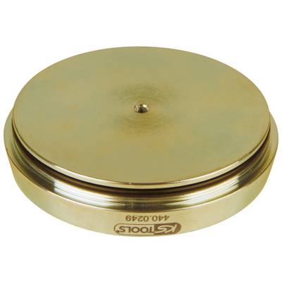 A round, flat metal weight disc with a central hole, in golden colour. Inscription: 'KS TOOLS 440.0249'.