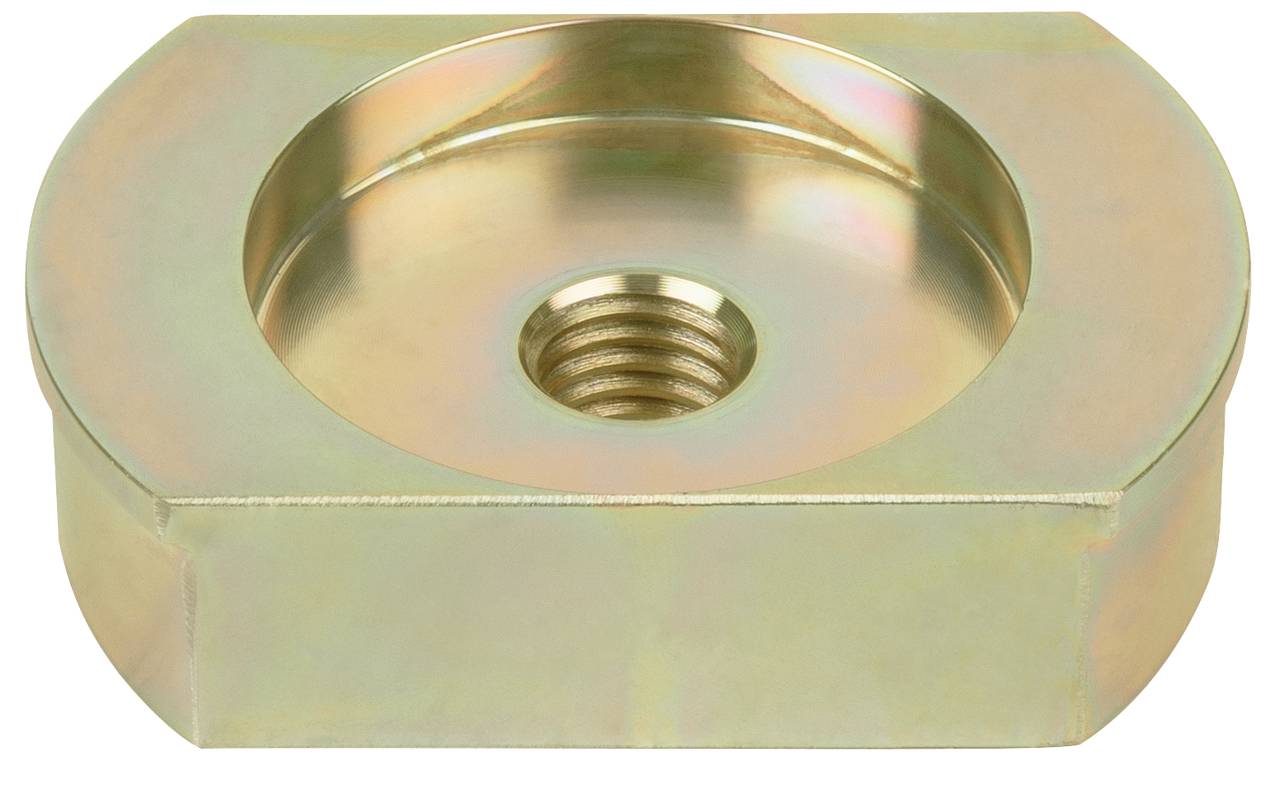 A metallic, hexagonal shaped component with a central thread and recessed edge, possibly used for securing bolts.