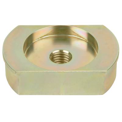 A metallic, hexagonal shaped component with a central thread and recessed edge, possibly used for securing bolts.