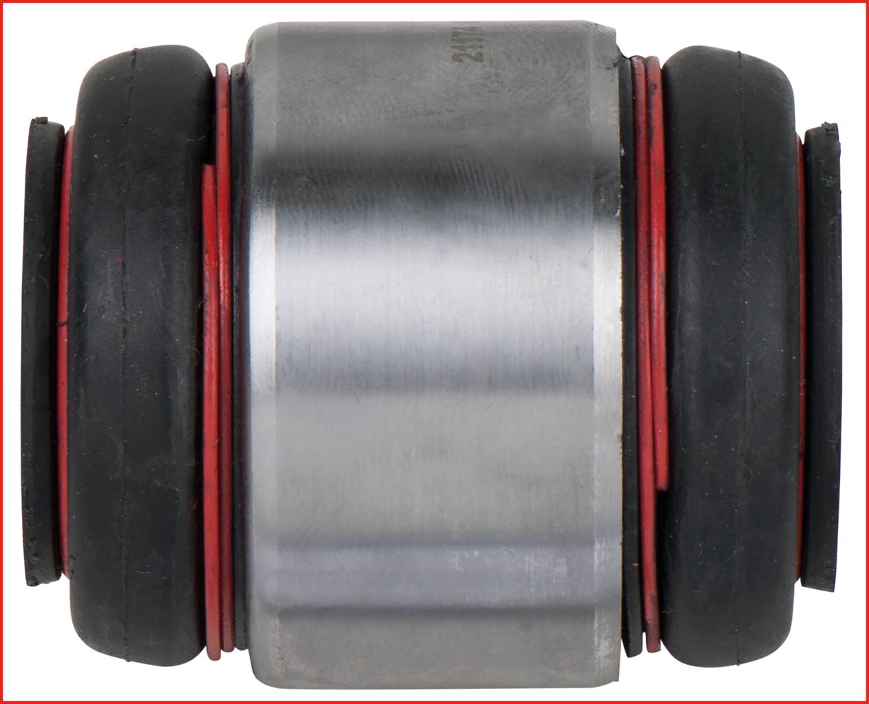 Metal cylinder with black rubber rings at both ends, possibly a component from a vehicle or machine.