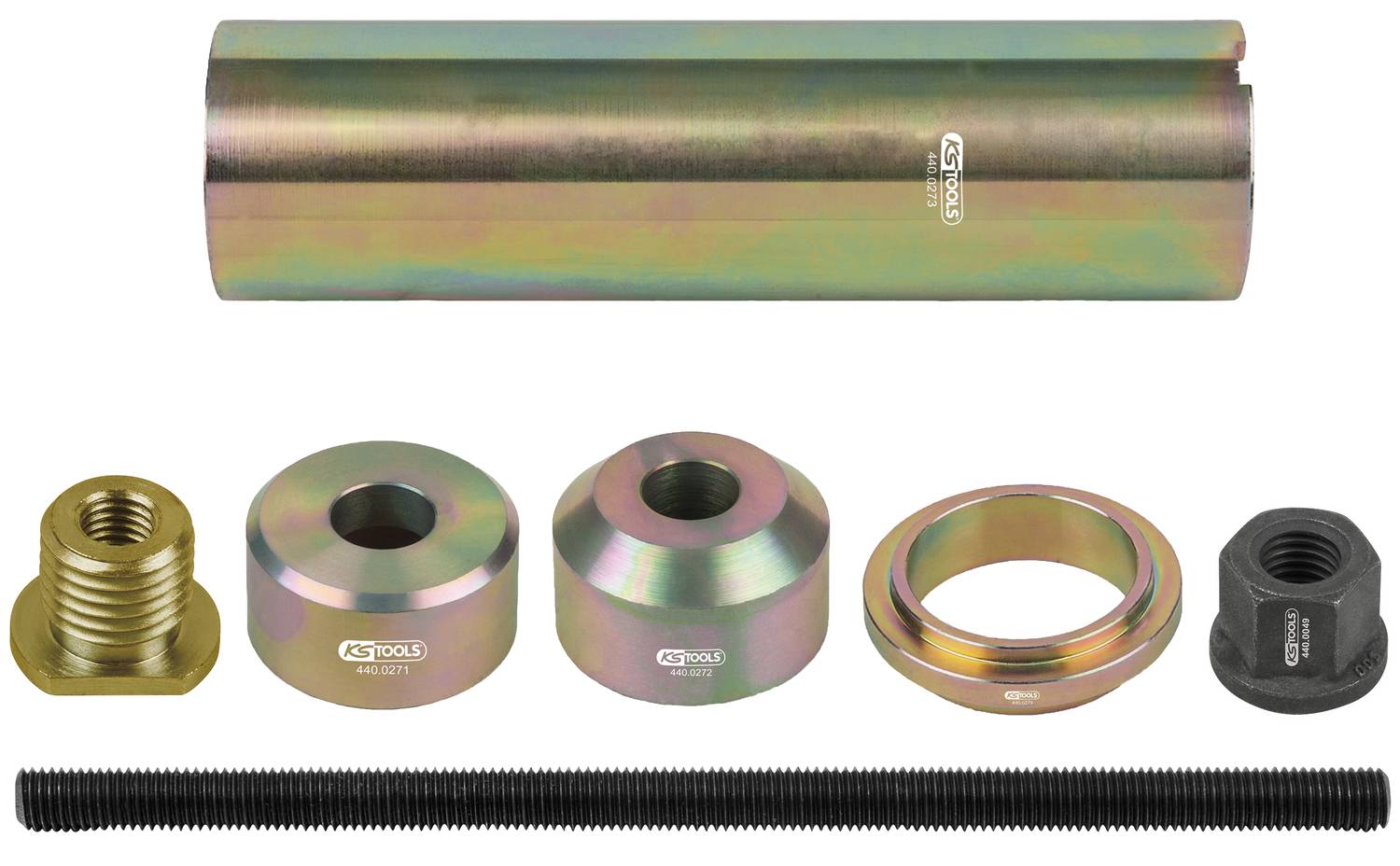 A set of metal tools with various shapes and functions, including sockets, threaded screws and nuts on a white background.