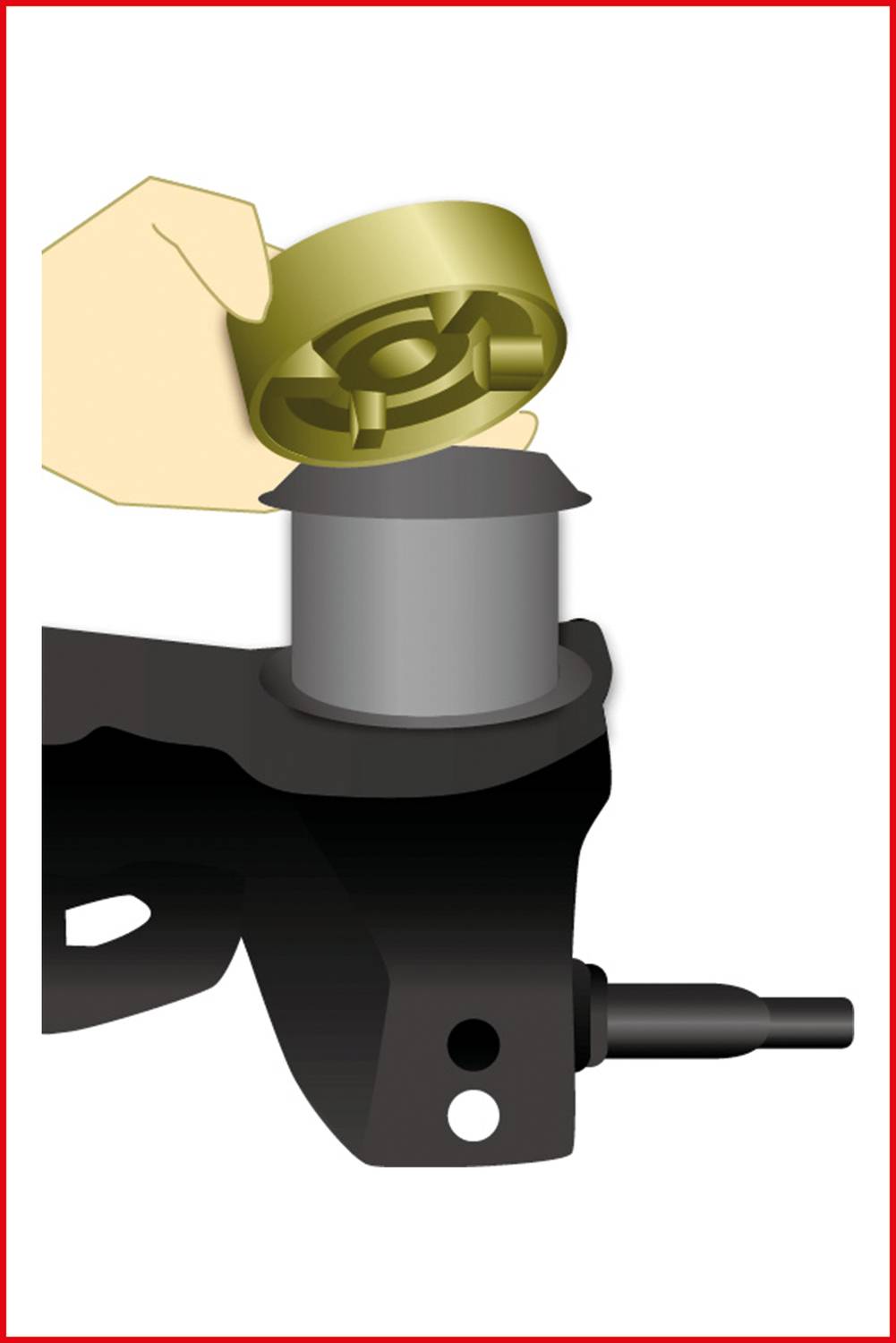 A hand places a golden cover over a cylindrical part in a mechanical component.