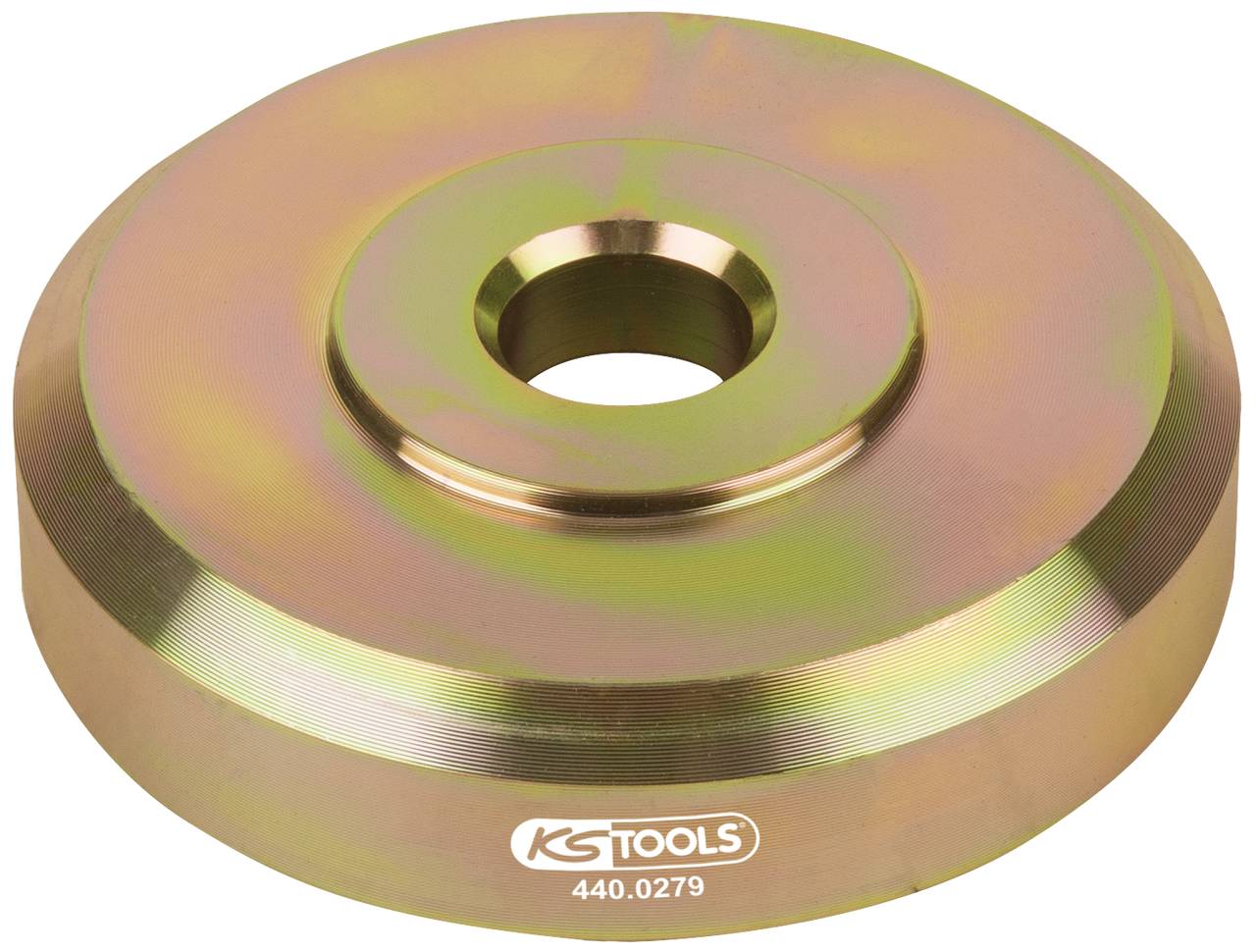 Metal ring with a central opening, marked with 'KS TOOLS 440.0279'. Smooth surface, likely a tool component for use.