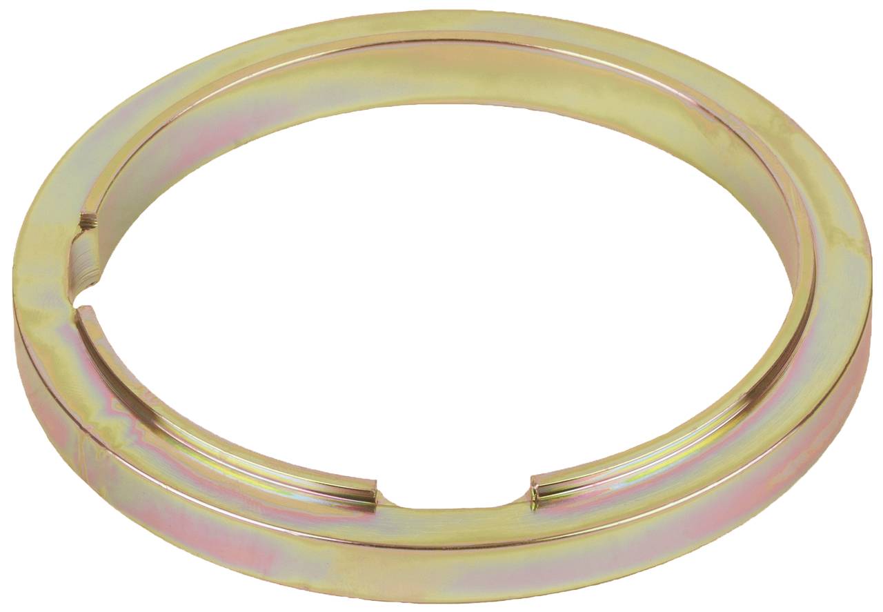 A metallic, circular ring with two evenly spaced recesses along the inner edge. The colour shifts between gold and rainbow hues.