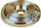 A silver, round metal plate with a central opening and lateral recesses, potentially a machine component.