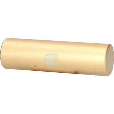A cylindrical, gold-coloured metal rod with printed text and signs of wear on its surface.