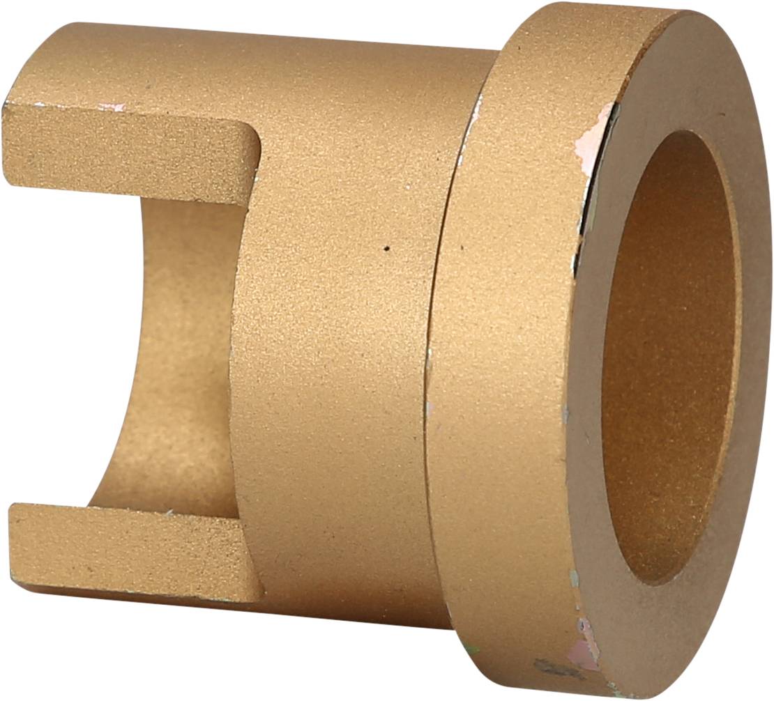 Golden cylindrical component with a narrow slot at one end, possibly a mechanical connecting element.