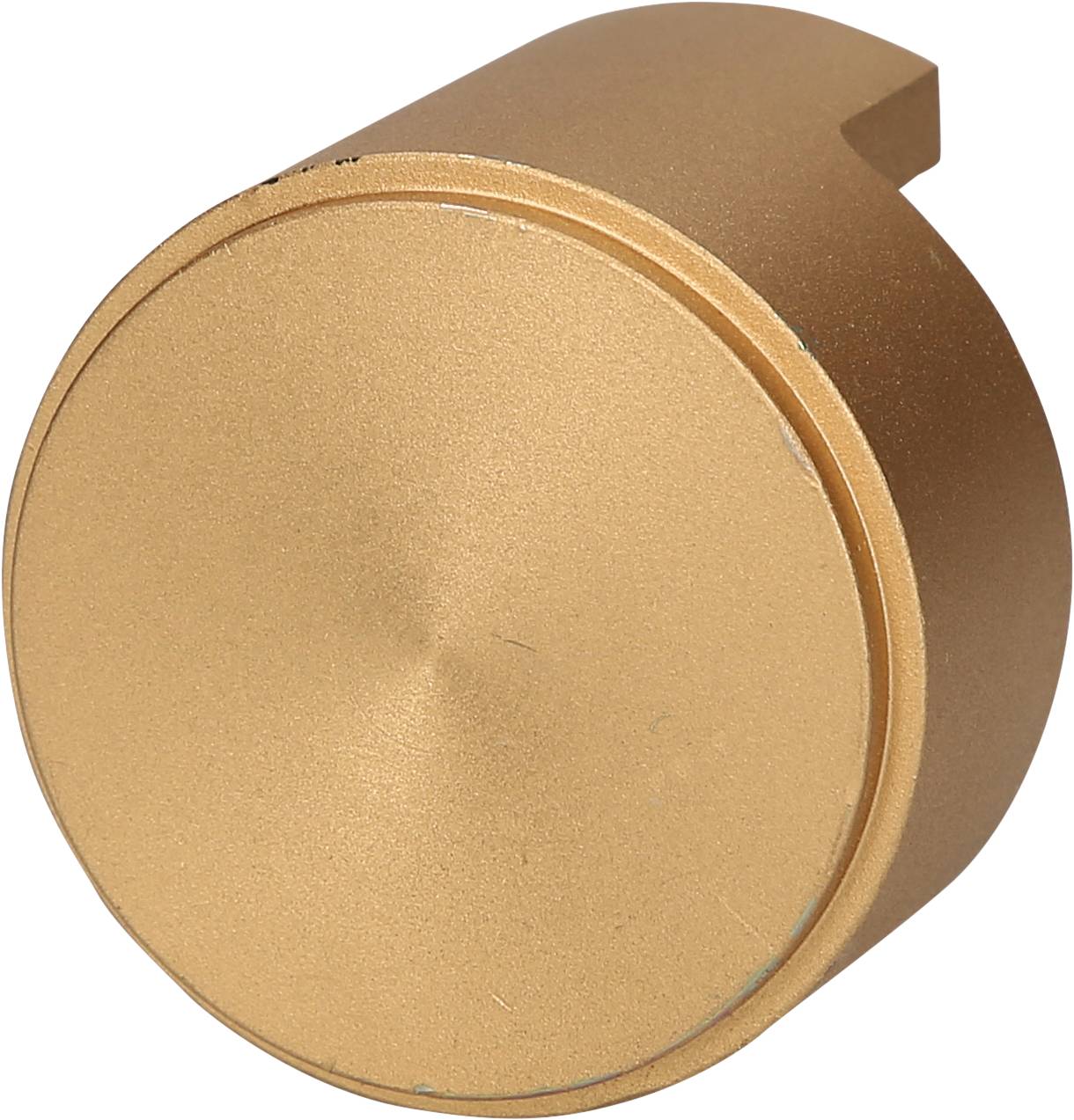 A round, golden metal button with a smooth surface; flatter side closure; could serve as a control button.