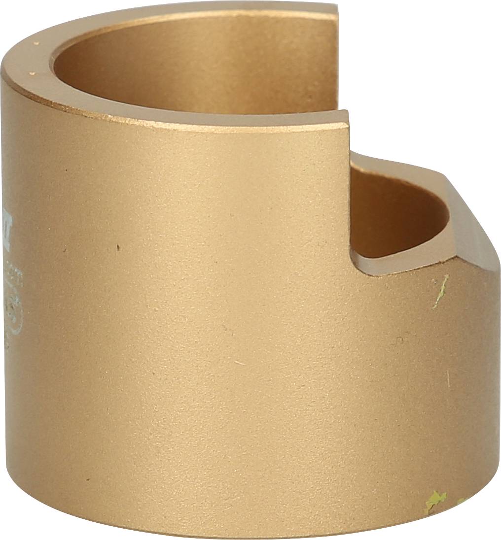 Golden metal bicycle saddle clamp support, cylindrical in shape, with an opening and smooth surface.