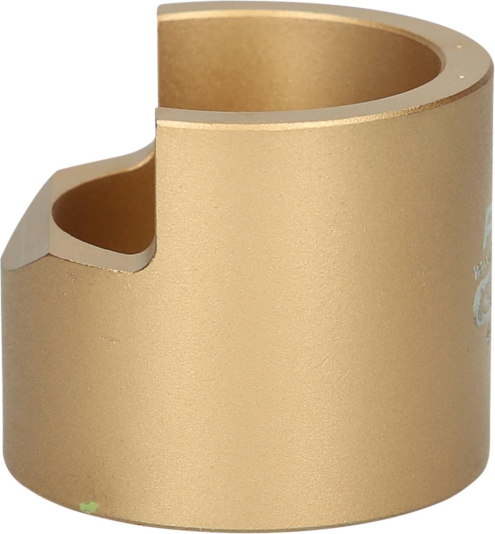A gold-coloured, cylindrical metal component with a lateral groove, potentially a machine element or mounting bracket.