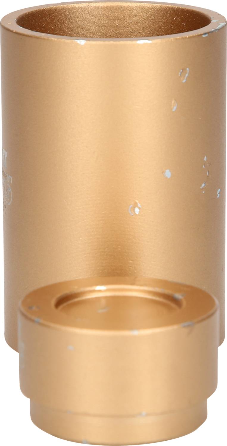 A hollow, cylindrical metal object with chipped golden paint and a smaller, similar part beside it.