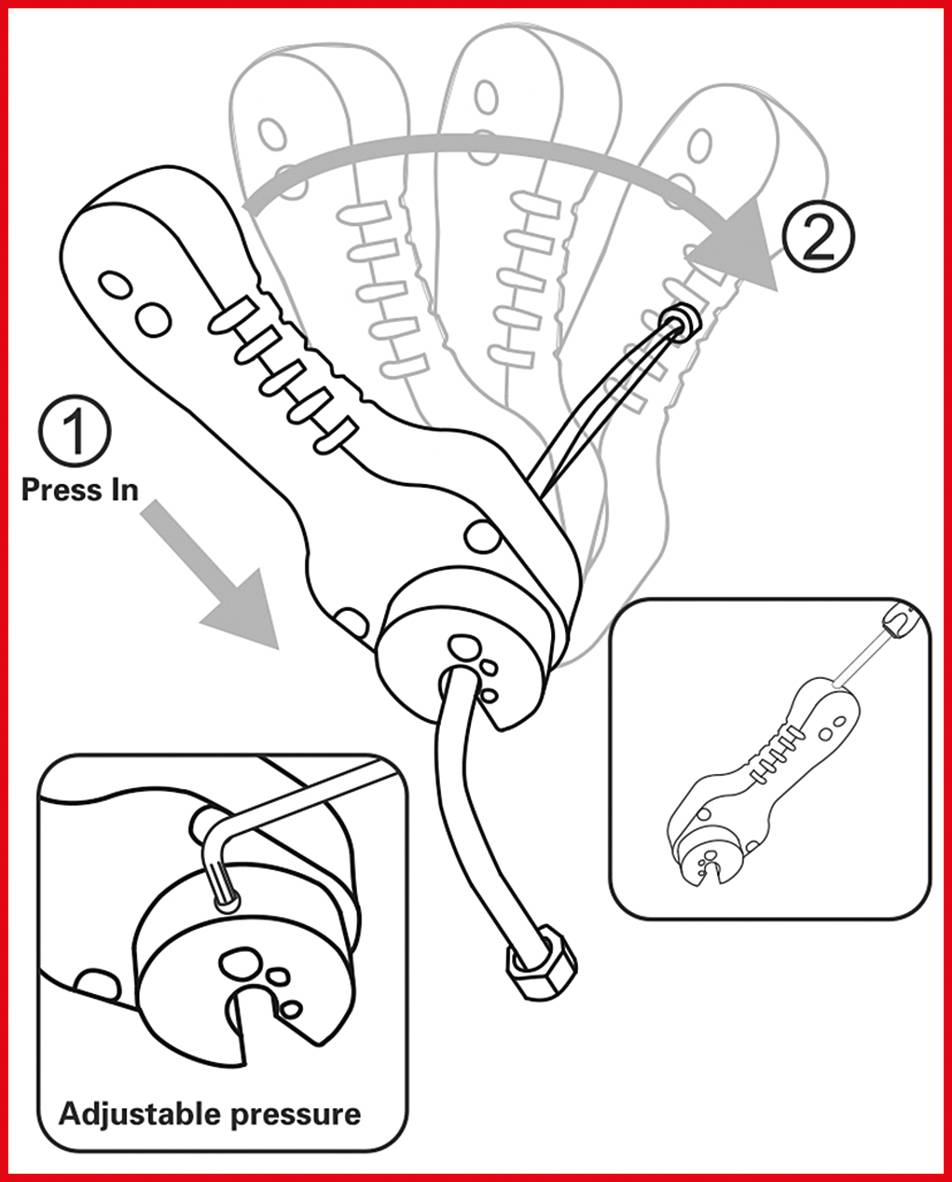 Diagram shows how a tool button is pressed (1) to adjust the pressure. Arrows indicate movement and pressure direction.