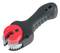 A pipe cutter with a black handle and red cutting elements on a white surface.