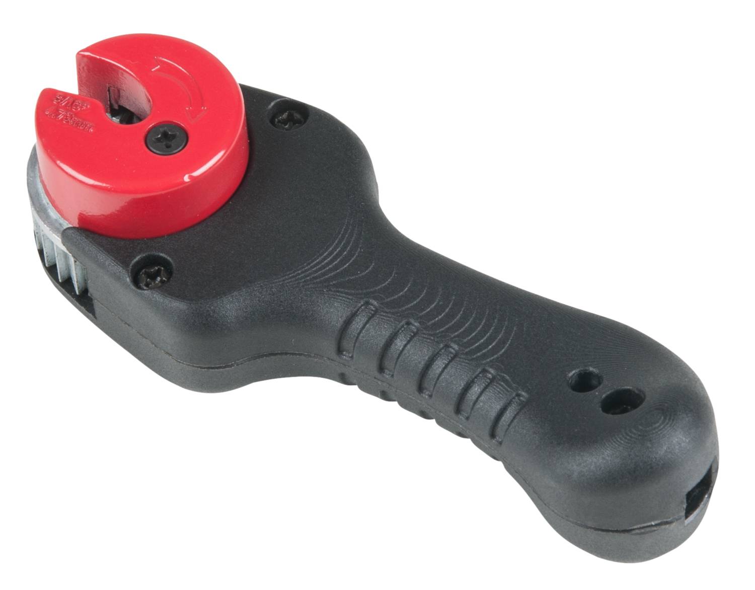 A black pipe cutter with a red cutting head. Used for cutting pipes cleanly and precisely.